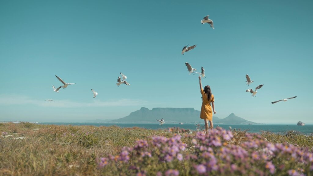 A woman in a yellow dress feeds seagulls by Cape Town's scenic shoreline with Table Mountain views.